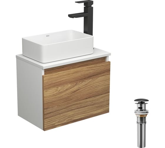 Изображение товара Комплект для ванной Bauedge 4 предмета (тумба Bau Dream 50 + раковина BAU 37x23, белая + смеситель Hotel Black, выпуск клик-клак, черный) BD1618