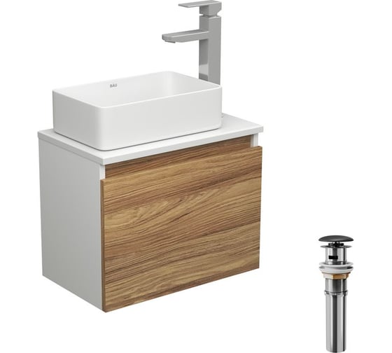 Изображение товара Комплект для ванной Bauedge 4 предмета (тумба Bau Dream 50 + раковина BAU 37x23, белая + смеситель Hotel Still, выпуск клик-клак, черный) BD1615