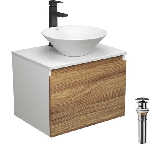 Изображение товара Комплект для ванной Bauedge 4 предмета (тумба Bau Dream 60 + раковина BAU D43, белая + смеситель Hotel Black, выпуск клик-клак, черный) BD1678