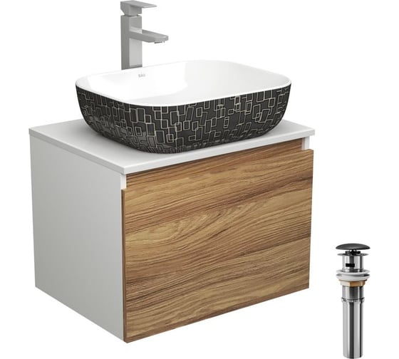 Изображение товара Комплект для ванной Bauedge 4 предмета (тумба Bau Dream 60 + раковина BAU 50х40, белая/черная + смеситель Hotel Still, выпуск клик-клак, черный) BD1665