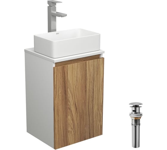 Изображение товара Комплект для ванной Bauedge 4 предмета (тумба Bau Dream 40 + раковина BAU 37x23, белая + смеситель Hotel Still, выпуск клик-клак, хром) BD1596