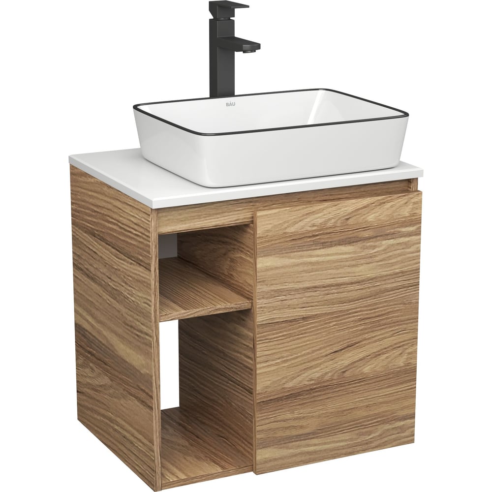 Изображение товара Тумба для ванной Bauedge Bau Dream Blackwood 60 с раковиной BAU Hotel Black Rand и смесителем Hotel