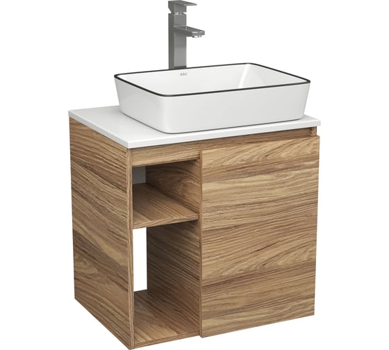 Изображение товара Тумба Bauedge Bau Dream Blackwood 60 правая, раковина BAU Hotel Black Rand 48х37, смеситель для раковины высокий Hotel Still, нержавеющая сталь SD3248