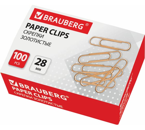 Изображение товара Скрепки BRAUBERG 28 мм золот. 30 упаковок по 100 шт. в карт. коробке  221529