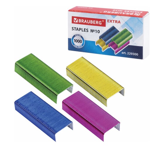 Изображение товара Скобы для степлера 20 шт в упаковке BRAUBERG цветные №10 1000 штук EXTRA до 20 листов  229300