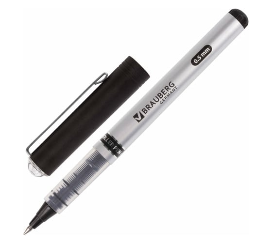 Изображение товара Ручка-роллер 12 шт в упаковке BRAUBERG Flagman ЧЕРНАЯ корпус серебристый хром.детали 05мм линия 03мм  141555