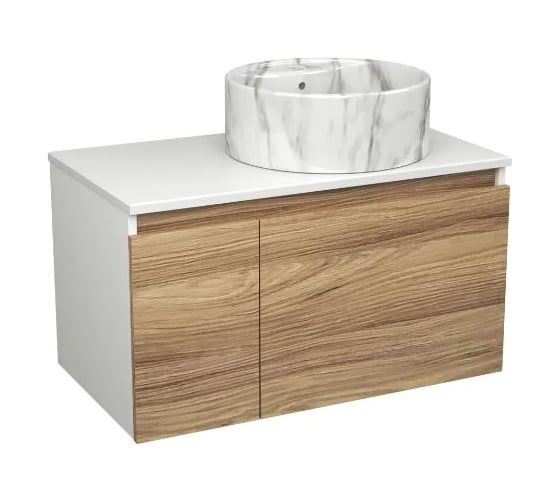 Изображение товара Тумба подвесная под раковину Bauedge Bau Dream Blackwood 80, 1 ящик, дверца слева, раковина круглая накладная BAU Element D41, мрамор BD2969