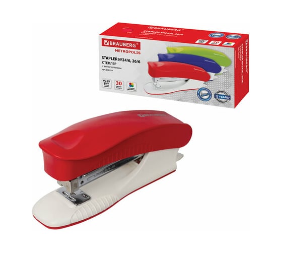 Изображение товара Степлер BRAUBERG METROPOLIS №24/6, 26/6, до 30 листов, ассорти 228753
