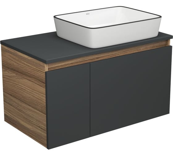 Изображение товара Тумба с раковиной Bauedge Bauedge (тумба подвесная Bau Dream Blackwood 80, графит + раковина санфаянс накладная прямоугольная BAU Hotel Black Rand 48х37) BD2214