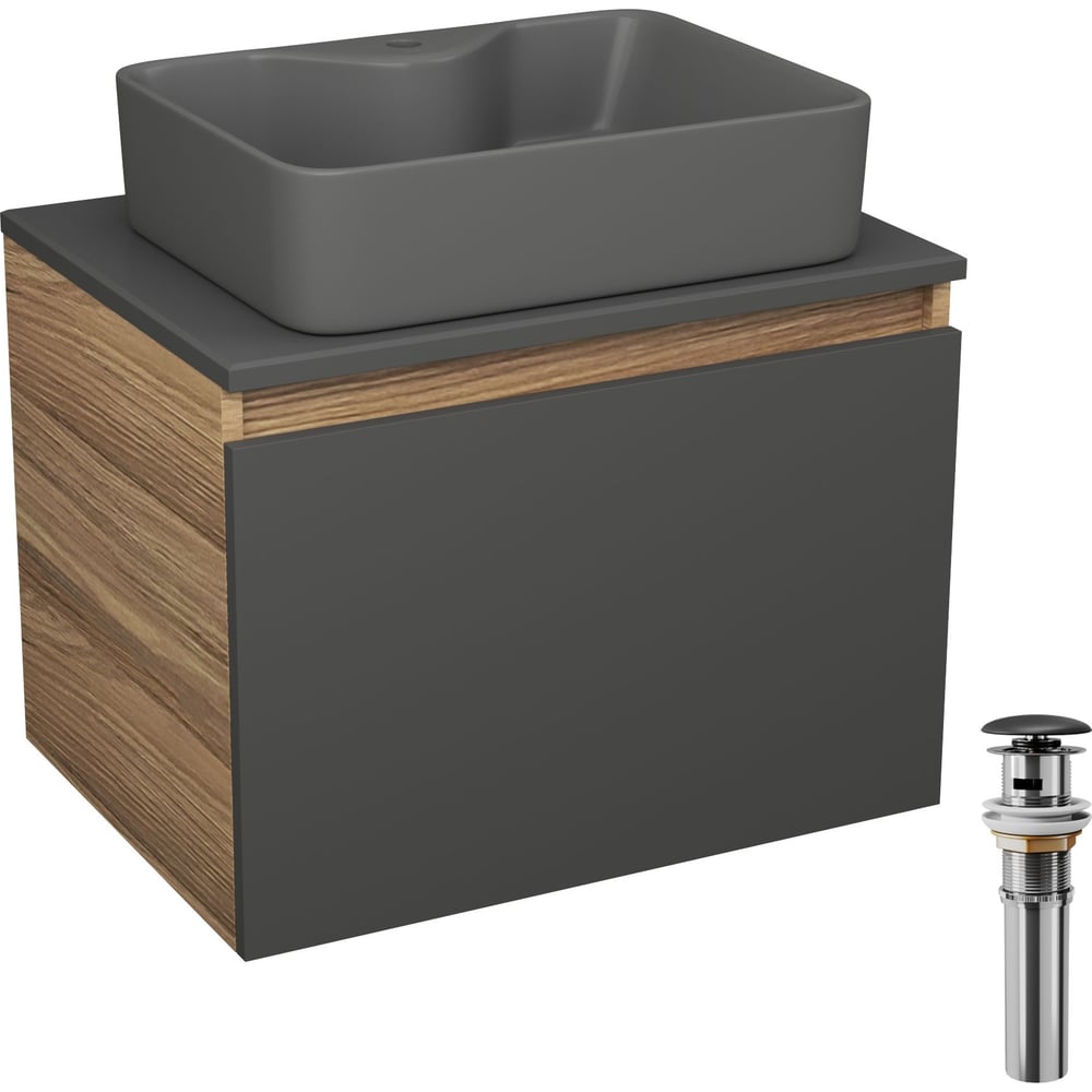 Комплект Bauedge тумба Bau Dream Blackwood графит 60, 1 ящик, раковина BAU Cerama 48x37, темно-серая, выпуск клик клак черный BD2869