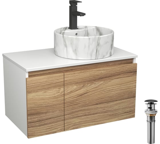 Изображение товара Комплект Bauedge тумба Bau Dream Blackwood 80, раковина круглая накладная BAU Element D41, мрамор, смеситель Hotel Black, черный матовый, выпуск клик клак че BD2979