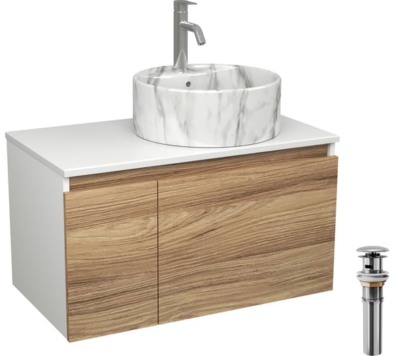 Изображение товара Комплект Bauedge тумба Bau Dream Blackwood 80, раковина круглая накладная BAU Element D41, мрамор, смеситель Hotel Dream, нерж. сталь, выпуск клик клак хром BD2980