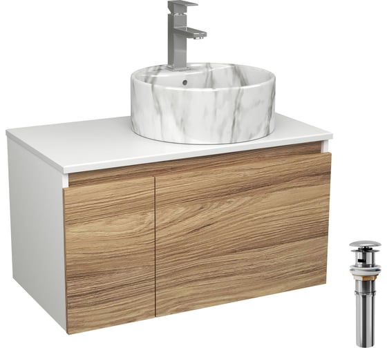 Изображение товара Комплект Bauedge тумба Bau Dream Blackwood 80, раковина круглая накладная BAU Element D41, мрамор, смеситель Hotel Stil, нерж. сталь, выпуск клик клак хром BD2977