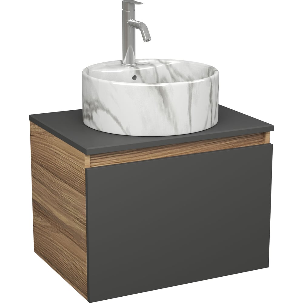 Комплект Bauedge тумба Bau Dream Blackwood графит 60, 1 ящик, раковина круглая накладная BAU Element D41, мрамор, смеситель Hotel Dream, нерж. сталь BD3054
