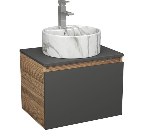 Изображение товара Комплект Bauedge тумба Bau Dream Blackwood графит 60, 1 ящик, раковина круглая накладная BAU Element D41, мрамор, смеситель Hotel Stil, нерж. сталь BD3052