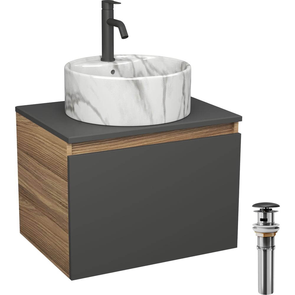 Комплект Bauedge тумба Bau Dream Blackwood графит 60, 1 ящик, раковина круглая накладная BAU Element D41, мрамор, смеситель Hotel Dream, черный выпуск клик к BD3064