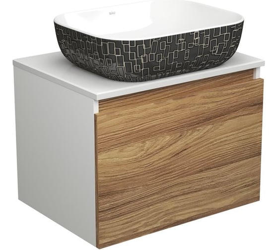 Изображение товара Тумба с раковиной Bauedge Bauedge (тумба подвесная под раковину Bau Dream Blackwood 60 + раковина санфаянс накладная BAU Stil Black White 50x40, белая/черная) BD1659