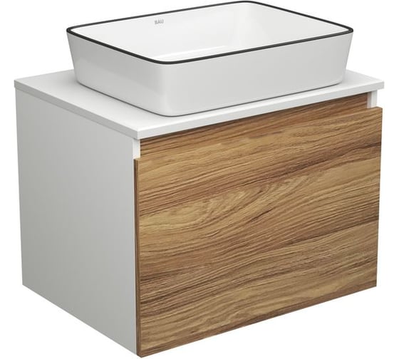 Изображение товара Тумба с раковиной Bauedge Bauedge (тумба подвесная под раковину Bau Dream Blackwood 60 + раковина санфаянс накладная BAU Hotel Black Rand 48x37, белая) BD1639