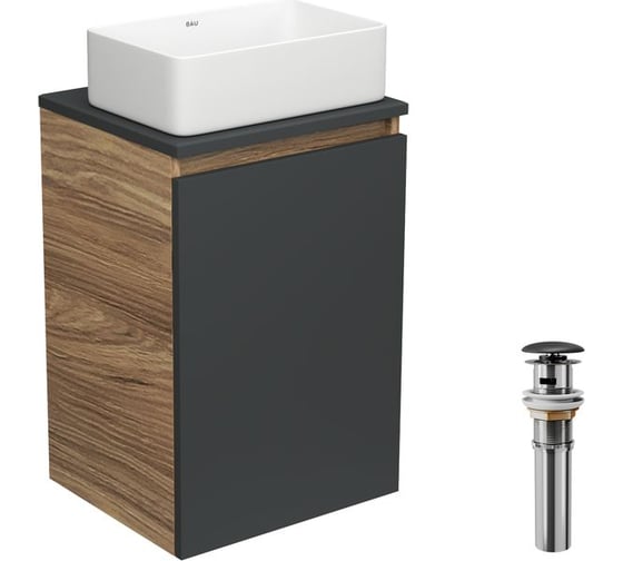 Изображение товара Тумба с раковиной и выпуском Bauedge (тумба Bau Dream 40, графит + раковина санфаянс накладная прямоугольная BAU Hotel mini 37x23, выпуск клик-клак, черный) BD1930