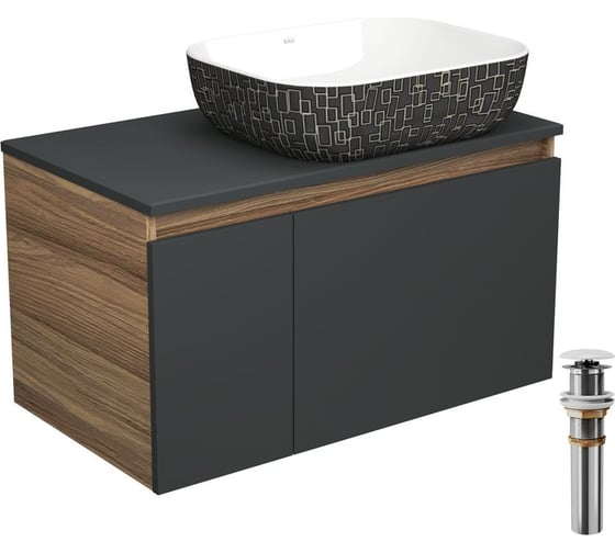 Изображение товара Тумба с раковиной и выпуском Bauedge (тумба Bau Dream 80, графит + раковина санфаянс накладная BAU Stil Black White 50х40, выпуск клик-клак, белый) BD2237