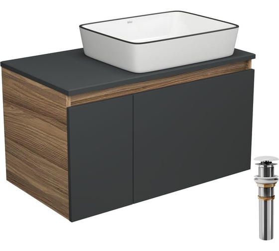 Изображение товара Тумба с раковиной и выпуском Bauedge (тумба Bau Dream 80, графит + раковина санфаянс накладная BAU Hotel Black Rand 48х37, выпуск клик-клак, белый) BD2217