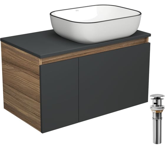 Изображение товара Тумба с раковиной и выпуском Bauedge (тумба Bau Dream 80, графит + раковина санфаянс накладная BAU Stil Black Rand 50х40, выпуск клик-клак, хром) BD2229