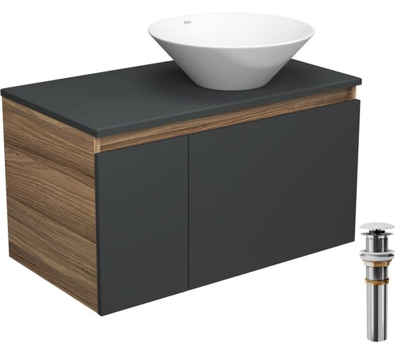 Изображение товара Тумба с раковиной и выпуском Bauedge (тумба Bau Dream 80, графит + раковина санфаянс накладная круглая BAU Dream D43, выпуск клик-клак, белый) BD2247