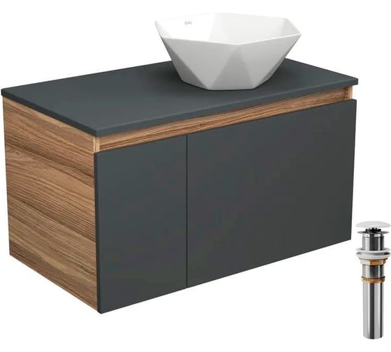 Изображение товара Тумба с раковиной и выпуском Bauedge (тумба Bau Dream 80, графит + раковина накладная на столешницу BAU Crystal 40х40, выпуск клик-клак, белый) BD2287