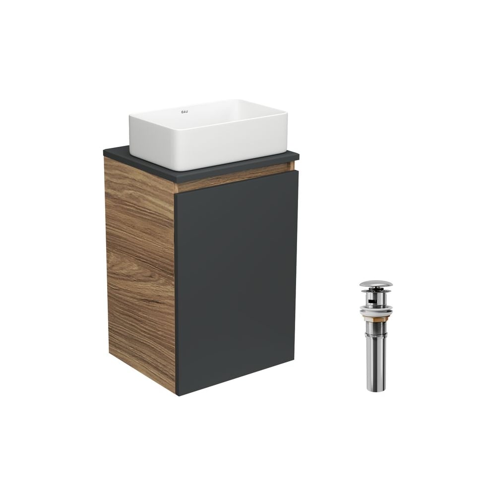 Изображение товара Тумба с раковиной и выпуском Bauedge (тумба Bau Dream 40, графит + раковина санфаянс накладная прямоугольная BAU Hotel mini 37x23, выпуск клик-клак, хром) BD1931