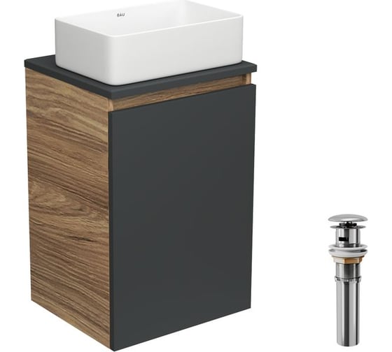 Изображение товара Тумба с раковиной и выпуском Bauedge (тумба Bau Dream 40, графит + раковина санфаянс накладная прямоугольная BAU Hotel mini 37x23, выпуск клик-клак, хром) BD1931