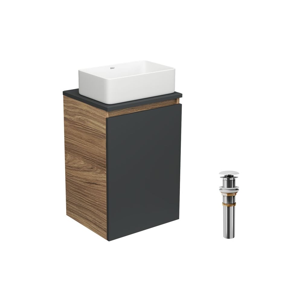 Изображение товара Тумба с раковиной и выпуском Bauedge, 40 см, графит, BAU Hotel mini 37x23 см