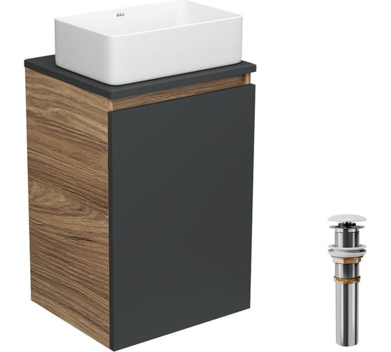 Изображение товара Тумба с раковиной и выпуском Bauedge (тумба Bau Dream 40, графит + раковина санфаянс накладная прямоугольная BAU Hotel mini 37x23, выпуск клик-клак, белый) BD1929