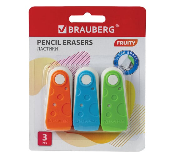 Изображение товара Набор ластиков 24 шт в упаковке BRAUBERG "FRUITY" 3 шт. 57*24*15мм белые пластиковый футляр ассорти  229563