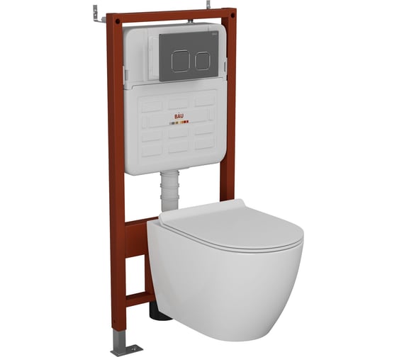 Изображение товара Комплект BAU 6 в 1 Bauedge: усиленная инсталляция BAU IDEAL, унитаз подвесной безободковый Bau Dream, сиденье дюропласт микролифт, клавиша BAU темно-серый металлик E458103-E00121-BL0001