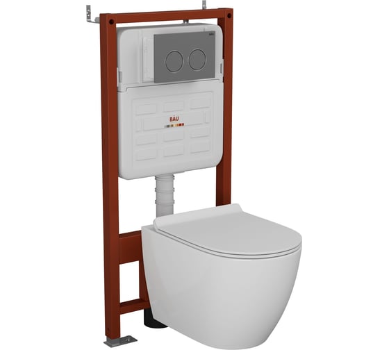 Изображение товара Комплект BAU 6 в 1 Bauedge: усиленная инсталляция BAU IDEAL, унитаз подвесной безободковый Bau Dream, сиденье дюропласт микролифт, клавиша BAU Round Gun gray, серый металлик E458103-BL0001-E00114