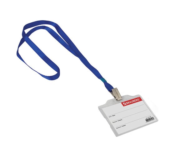 Изображение товара Бейдж 10 шт в упаковке BRAUBERG горизонтальный (55х85мм) на синей ленте 45 см твердый пластик  232138