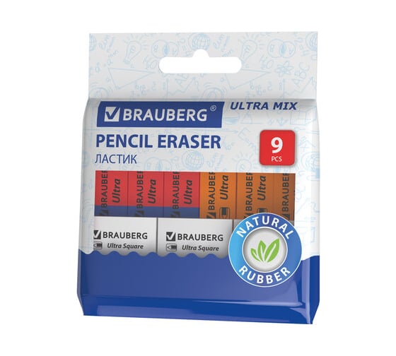 Изображение товара Ластики 20 шт в упаковке BRAUBERG "Ultra Mix" НАБОР 9 шт. размер ластика 41*14*8мм/29*18*8мм натур. каучук  229604