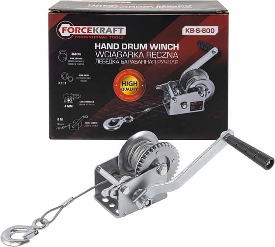 Изображение товара Лебедка ручная барабанная Forcekraft 360 кг, стальной трос, диаметр троса 4 мм, длина троса 6 м FK-KB-S-800(48585)