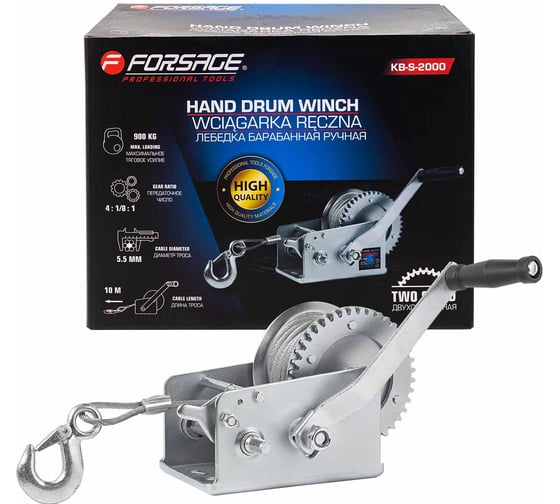 Изображение товара Лебедка ручная барабанная Forsage 900 кг, стальной трос, диаметр троса 5.5 мм, длина троса 10 м F-KB-S-2000(59184)
