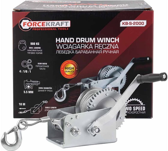 Изображение товара Лебедка ручная барабанная Forcekraft 900 кг, стальной трос, диаметр троса 5.5 мм, длина троса 10 м FK-KB-S-2000(48583)