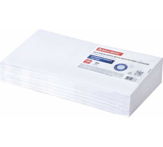 Изображение товара Конверты BRAUBERG Е65 110х220 мм, отрывная лента 80г/м2 комплект 100 шт, внутренняя запечатка 112193