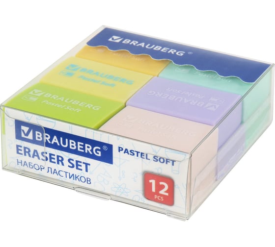 Изображение товара Набор ластиков BRAUBERG Pastel Soft 12 шт., размер ластика 31х20х10 мм, экологичный ПВХ 229598