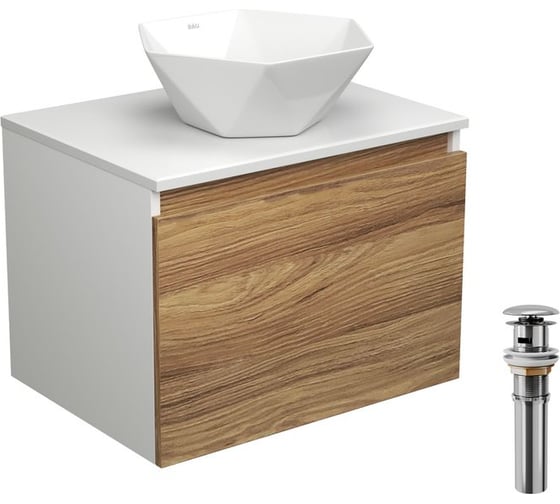Изображение товара Тумба с раковиной и выпуском Bauedge (тумба подвесная Bau Dream 60 + раковина на столешницу BAU Crystal 40х40, белая, выпуск клик-клак, хром) BD1714