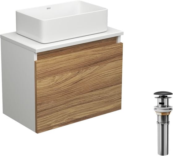 Изображение товара Тумба с раковиной и выпуском Bauedge (тумба подвесная Bau Dream 50 + раковина BAU Hotel mini 37x23, белая, выпуск клик-клак, черный) BD1613