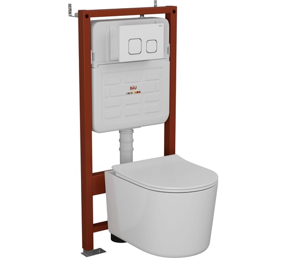 Изображение товара Комплект BAU 6 в 1 Bauedge: усиленная инсталляция BAU IDEAL, унитаз подвесной безободковый Bau Hotel PRO, сиденье микролифт, клавиша BAU Strike белая/хром E458103-NM0003-PRO-E00104