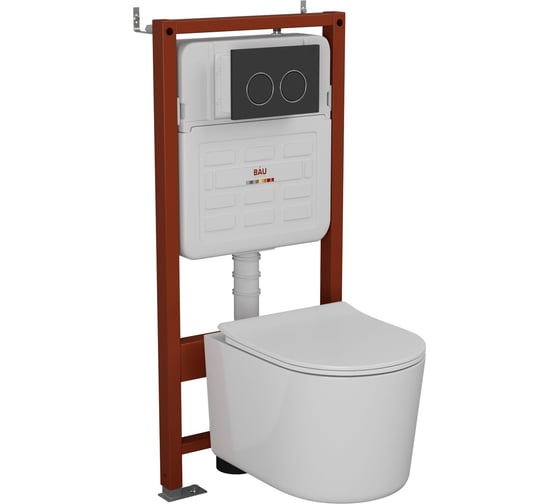 Изображение товара Комплект BAU 6 в 1 Bauedge: усиленная инсталляция BAU IDEAL, унитаз подвесной безободковый Bau Hotel PRO, сиденье микролифт, клавиша BAU Round, черная матовая E458103-NM0003-PRO-E00115