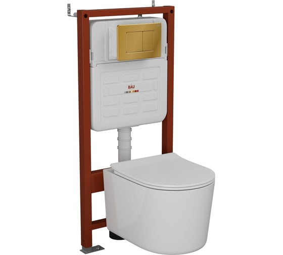 Изображение товара Комплект BAU 6 в 1 Bauedge: усиленная инсталляция BAU IDEAL, унитаз подвесной безободковый Bau Hotel PRO, сиденье микролифт, клавиша BAU Light антивандальная, нерж. сталь золото E458103-NM0003-PRO-E00108