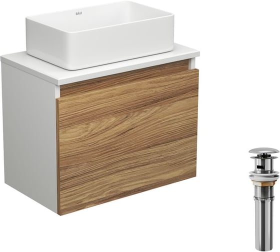 Изображение товара Тумба с раковиной и выпуском Bauedge (тумба подвесная Bau Dream 50 + раковина BAU Hotel mini 37x23, белая, выпуск клик-клак, хром) BD1614