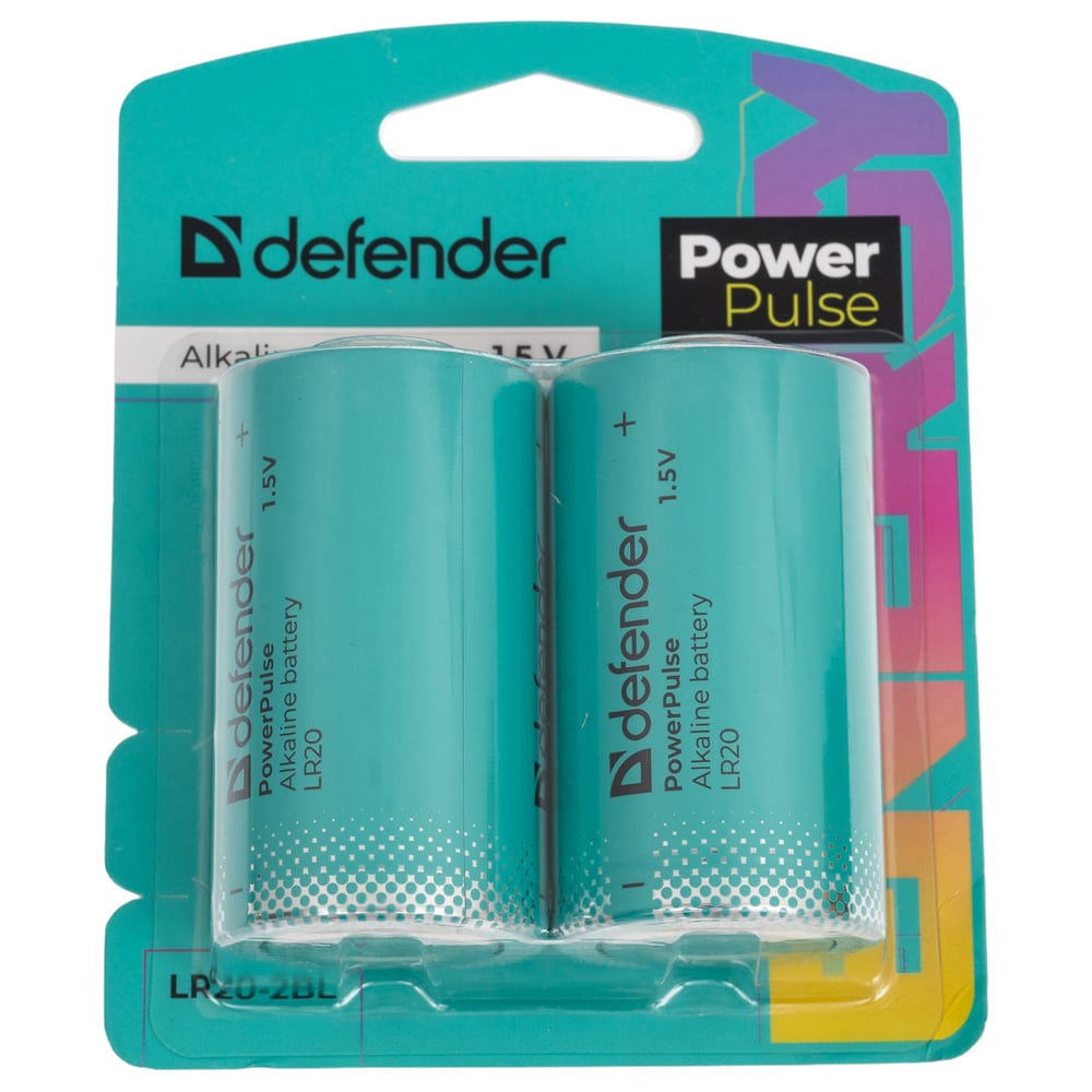 Изображение товара Батарейки алкалиновые DEFENDER LR20-2BL D, комплект 2 шт в блистере