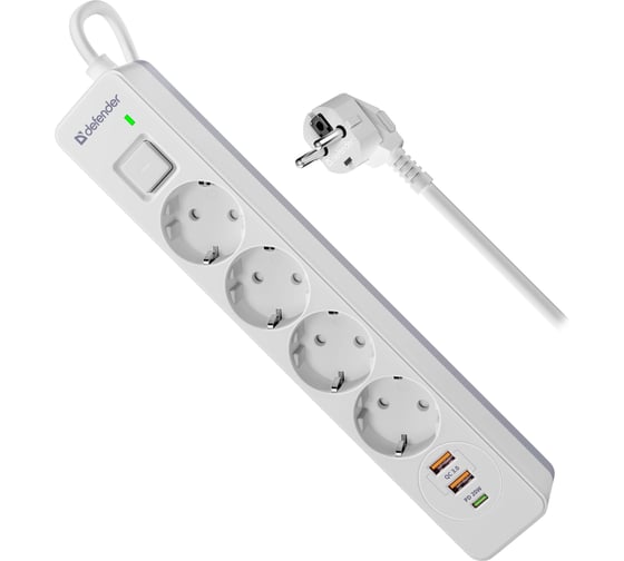 Изображение товара Удлинитель с сетевым фильтром Defender DFS 141 1.5 м, белый, 4 розетки, USB+Type C 99433